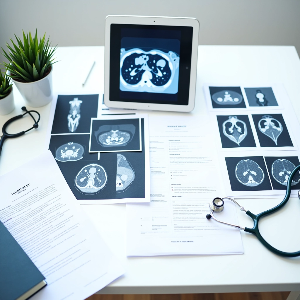 Editorial workspace with research materials, medical imaging documentation, and clinical reference guides arranged on a modern desk