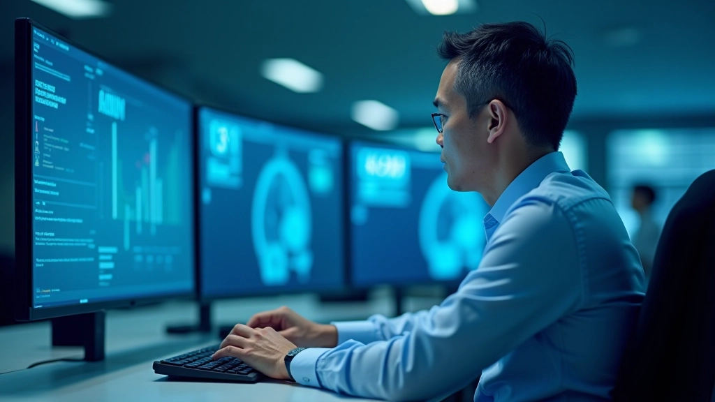 Healthcare IT administrator monitoring hospital network security dashboard with multiple data streams on large display wall