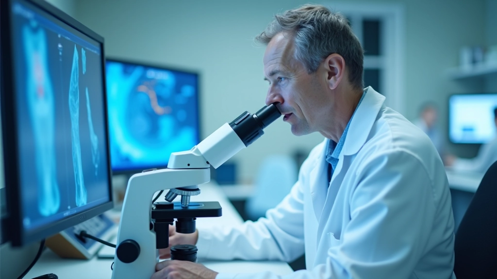 Pathology laboratory technician examining tissue sample under microscope with digital analysis software on adjacent screen