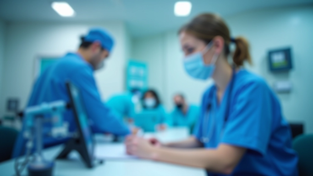 Hospital emergency department triage nurse reviewing patient intake forms at reception desk with computer terminal